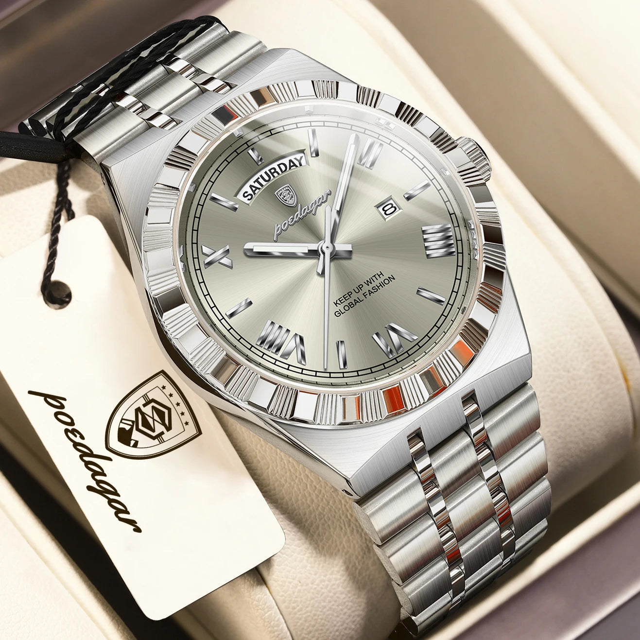 Full Calendar Business Watch – Roman Numeral Dial with Hidden Clasp