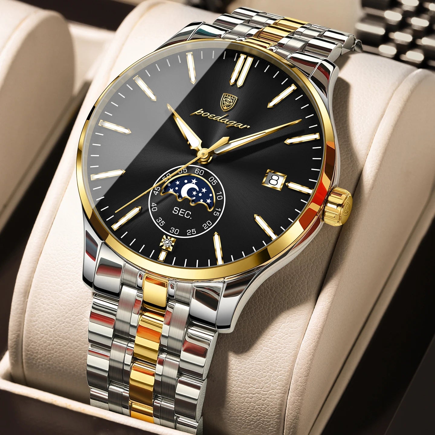 Round Business Chronograph – Slim Stainless Steel Watch with Luminous Hands & Date