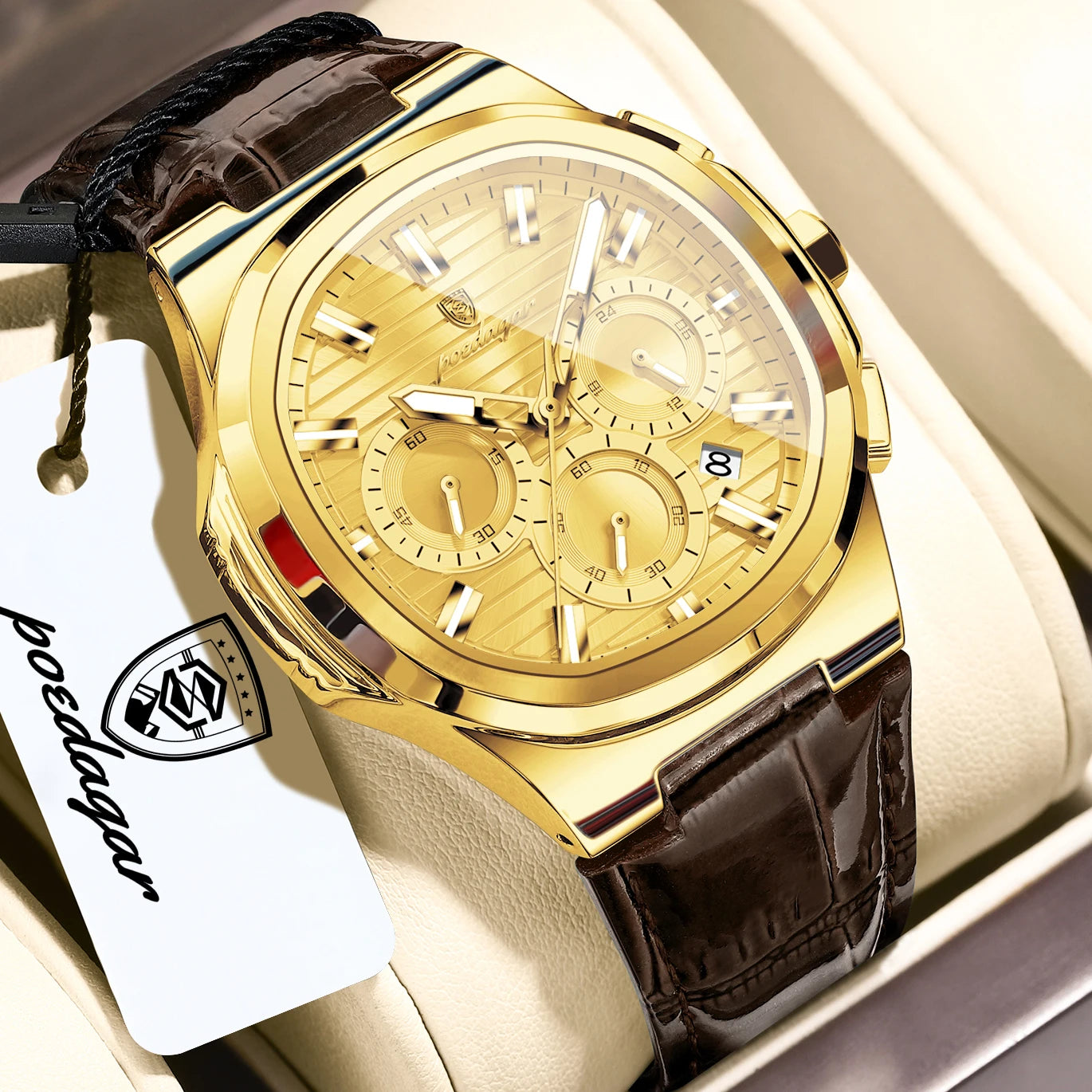 Square Chronograph Watch – Luxe Leather Strap with Luminous Dial & Date