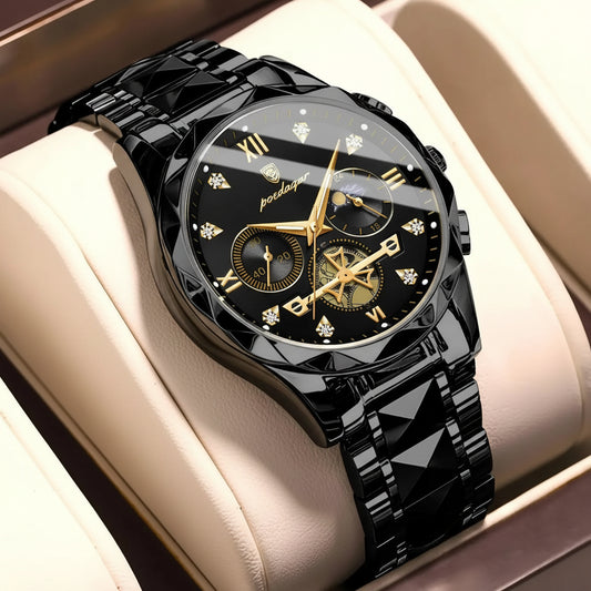Round Chronograph Watch – Roman Numeral Dial with Hidden Clasp Bracelet