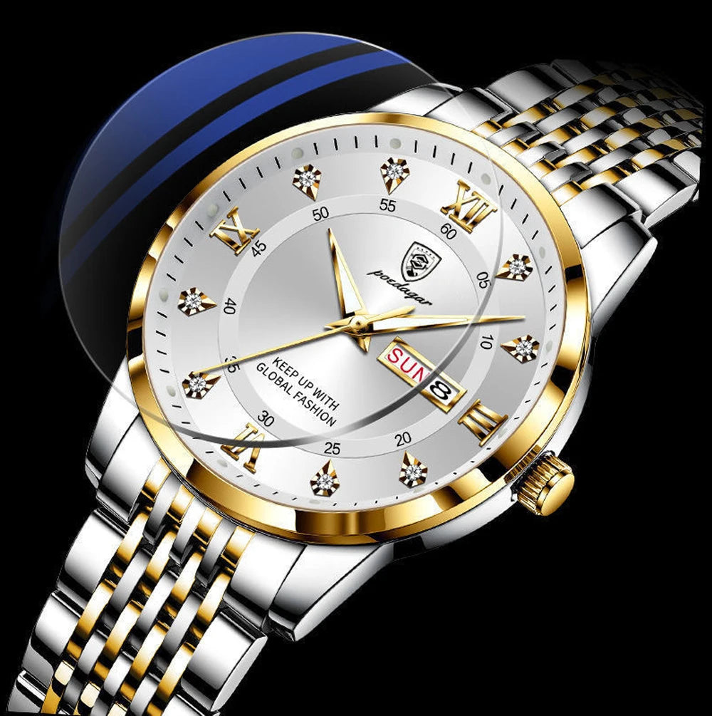 Full Calendar Chronograph Watch – Roman Numeral Dial with Hidden Clasp Bracelet
