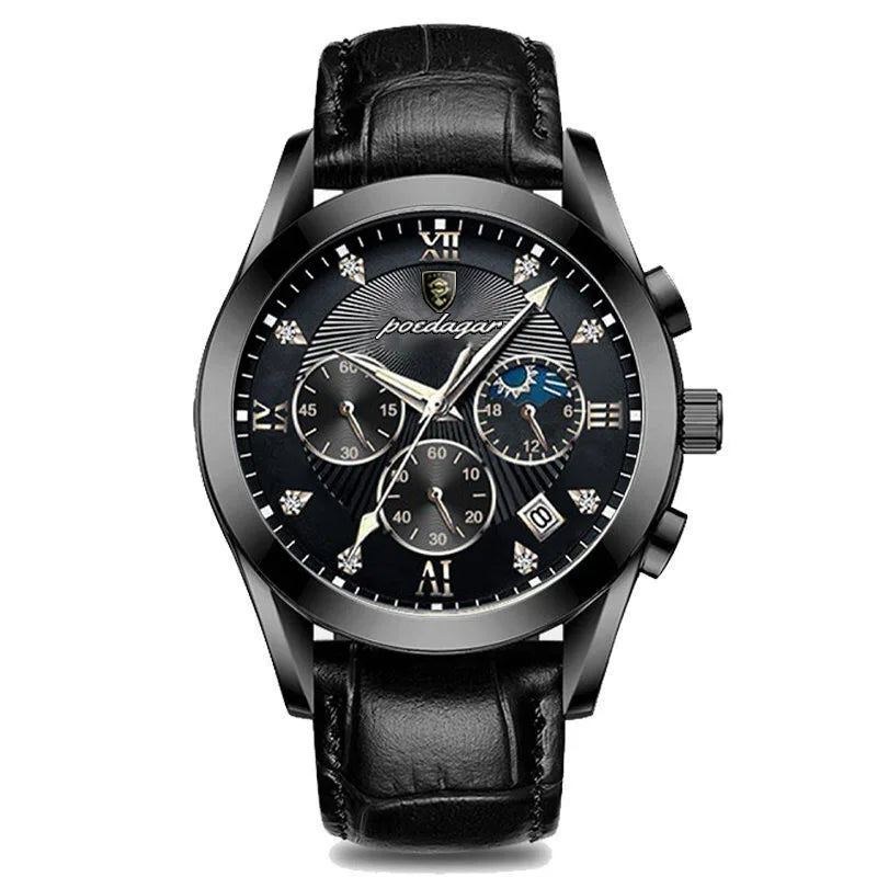 Roman Numeral Leather Watch – Luminous Dial with Full Calendar