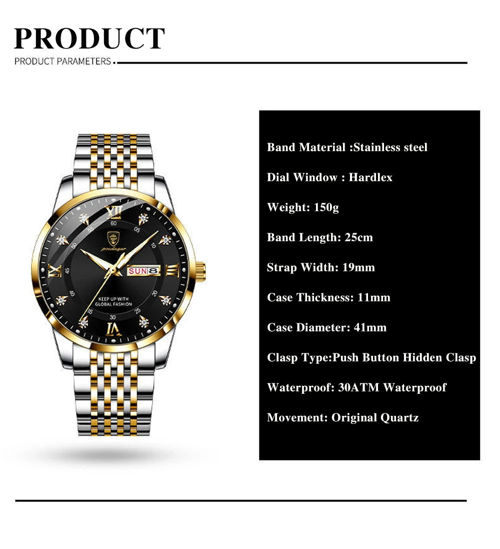 Full Calendar Chronograph Watch – Roman Numeral Dial with Hidden Clasp Bracelet