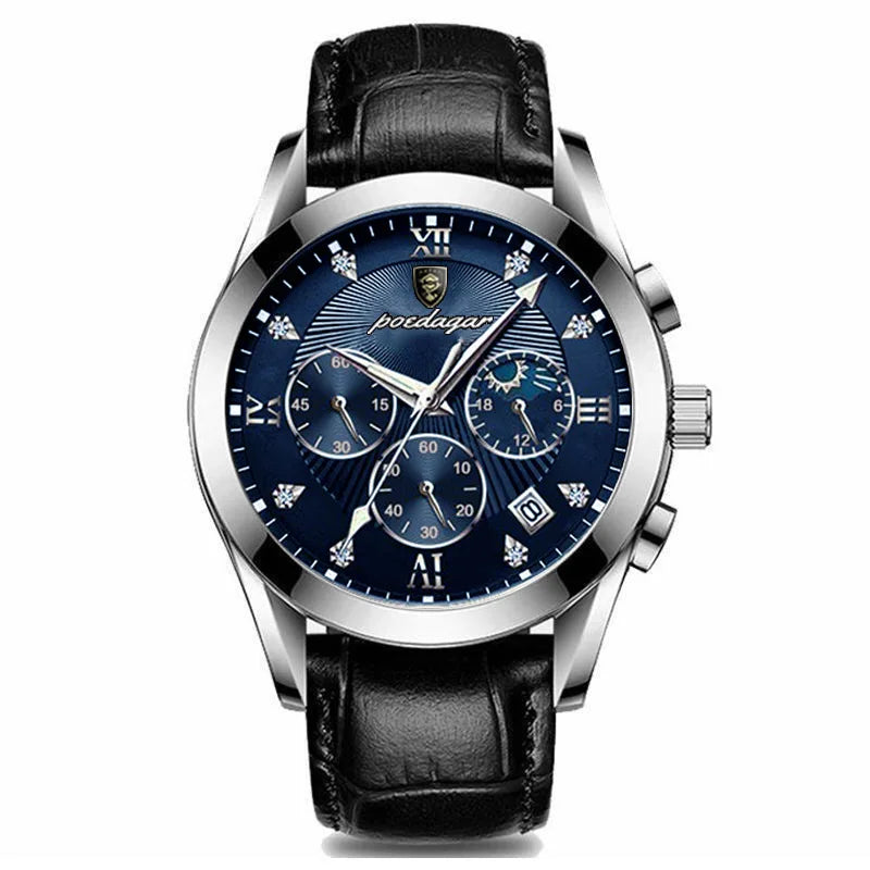Roman Numeral Leather Watch – Luminous Dial with Full Calendar