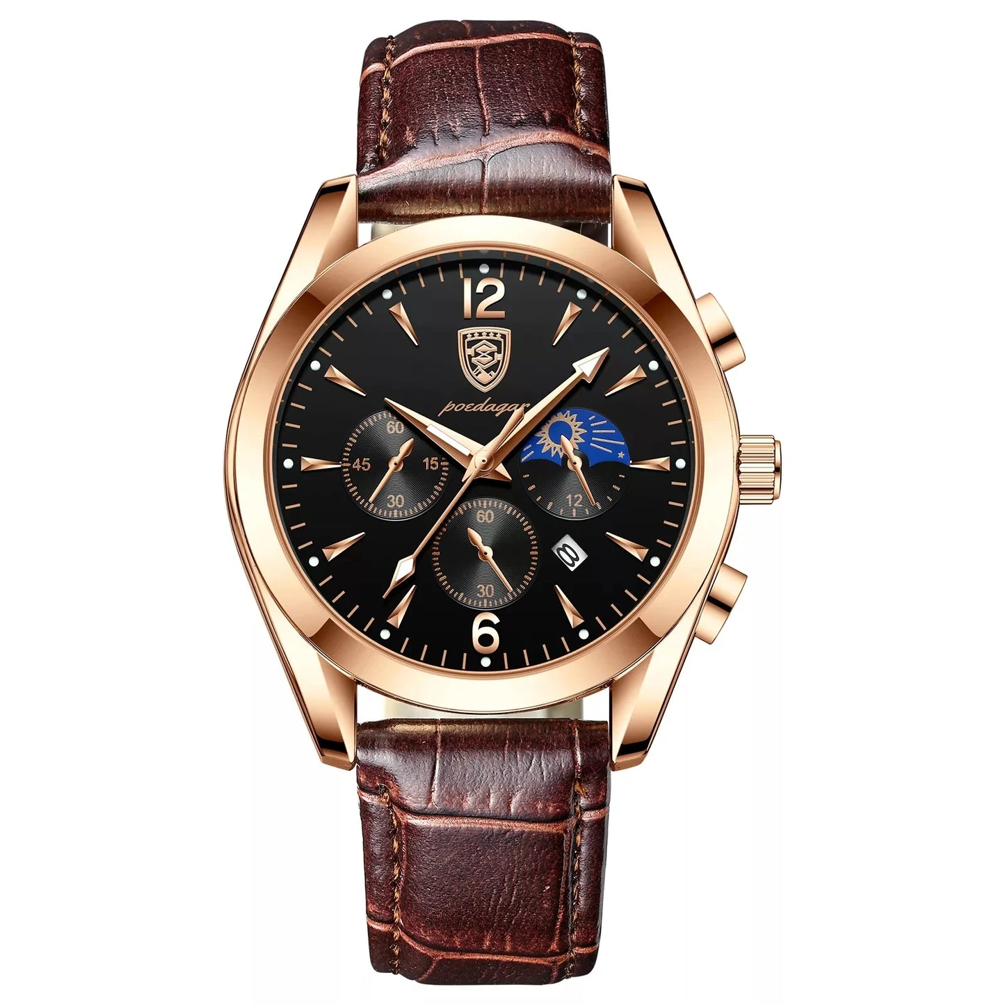 Roman Numeral Leather Watch – Luminous Dial with Full Calendar