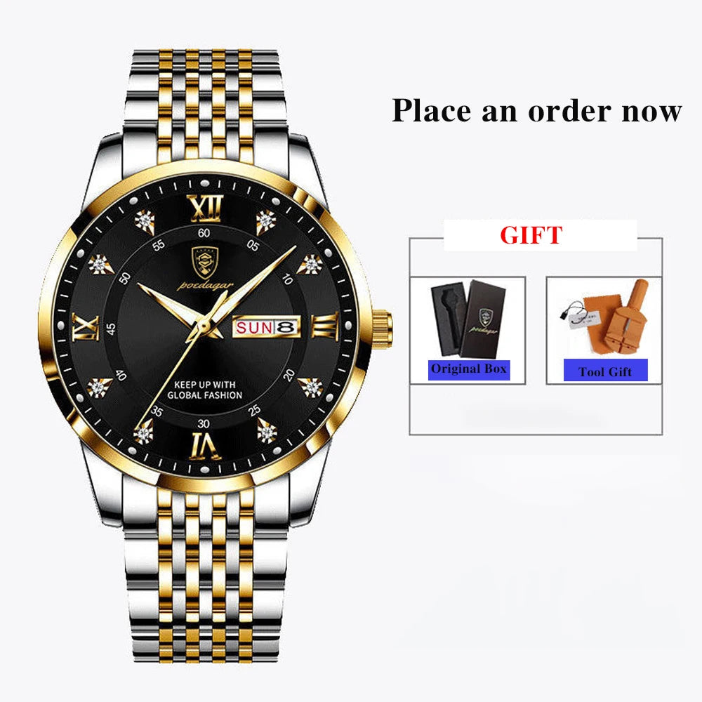 Full Calendar Chronograph Watch – Roman Numeral Dial with Hidden Clasp Bracelet