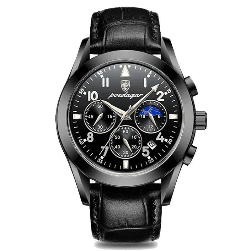 Roman Numeral Leather Watch – Luminous Dial with Full Calendar