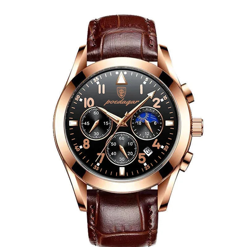 Roman Numeral Leather Watch – Luminous Dial with Full Calendar
