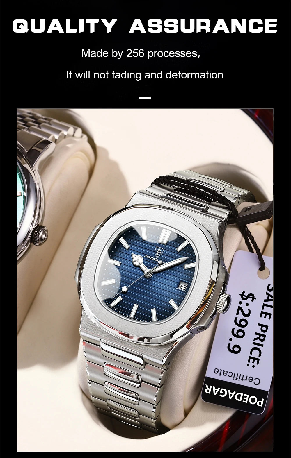 Square Business Watch – Luminous Numberless Dial with Hidden Clasp