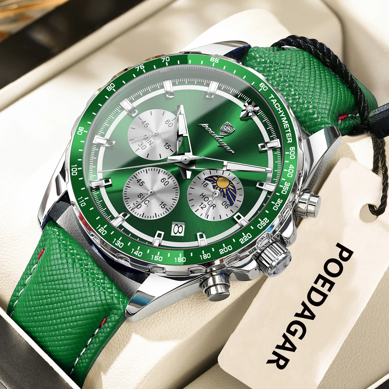 Leather Chronograph Watch – Luminous Dial with Date
