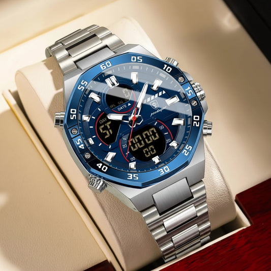 LED Analog-Digital Chronograph Watch – Full Calendar with Alarm & Bracelet