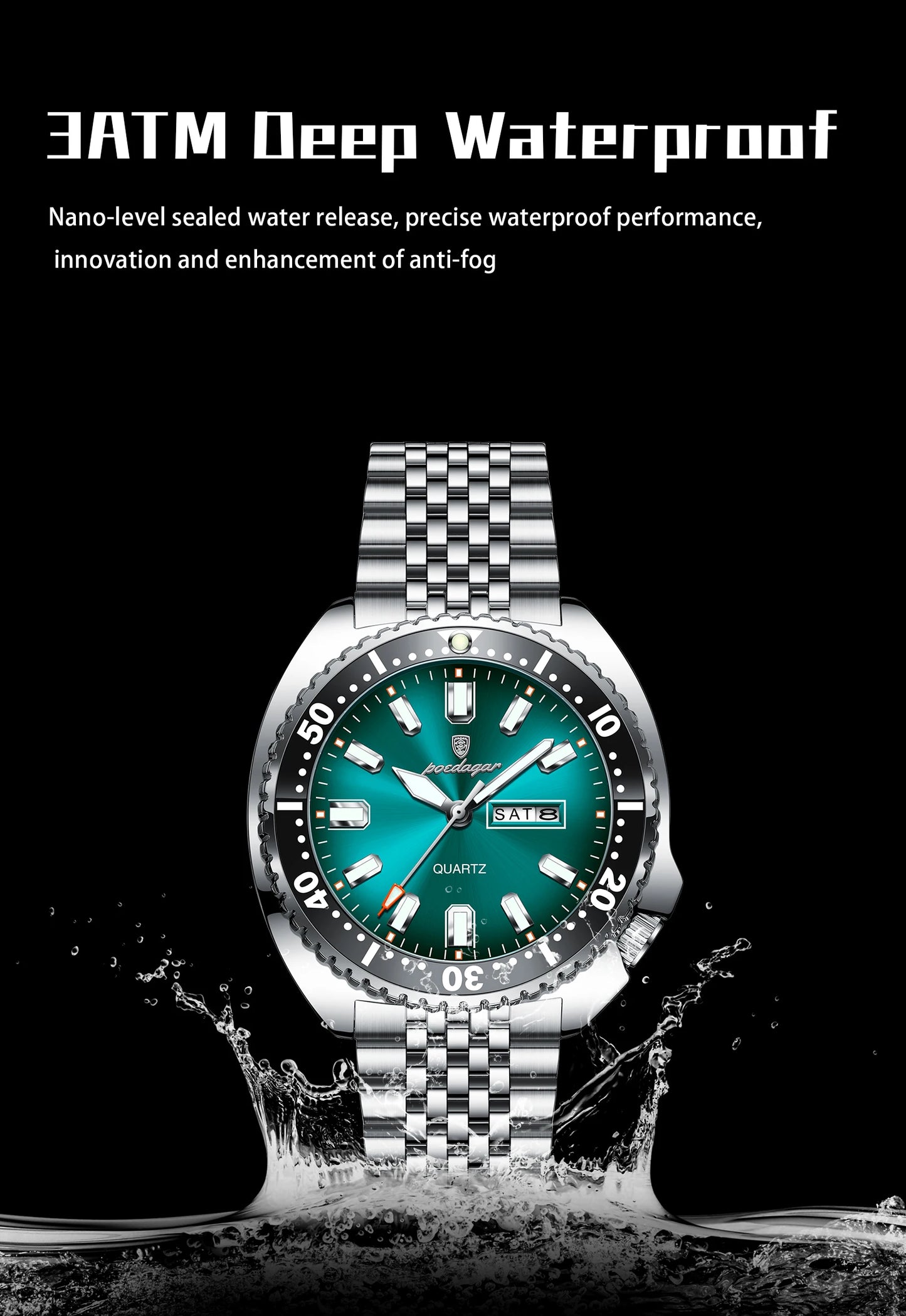 Large Full Calendar Watch – Luminous Dial with Hidden Clasp Bracelet