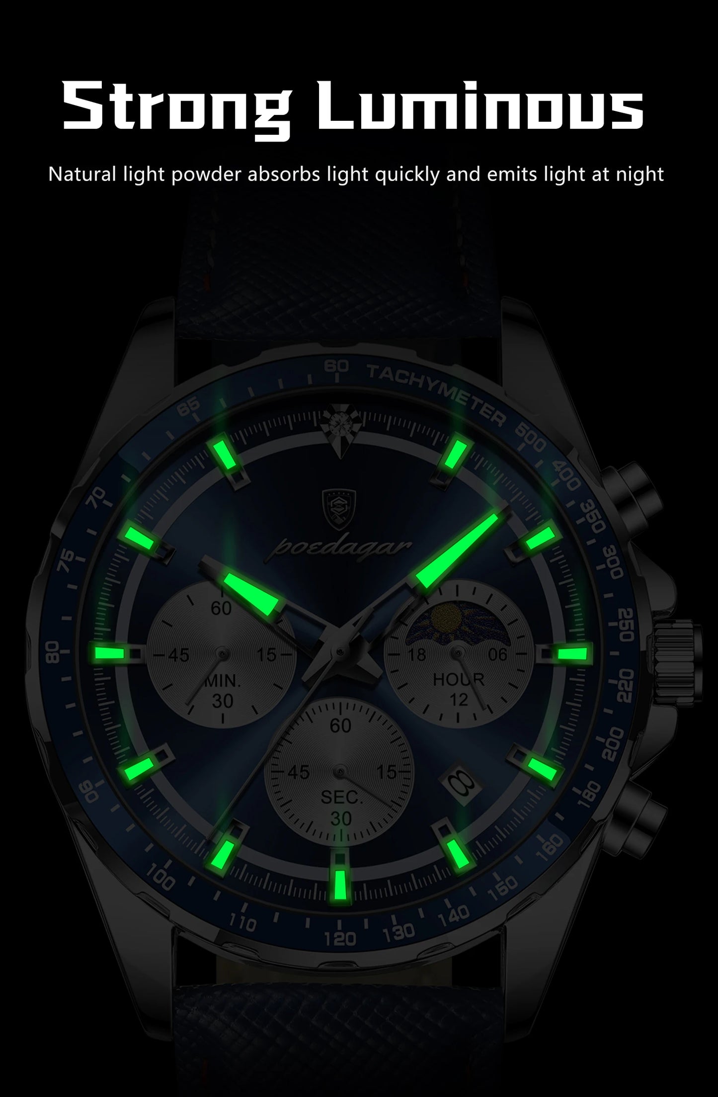 Leather Chronograph Watch – Luminous Dial with Date