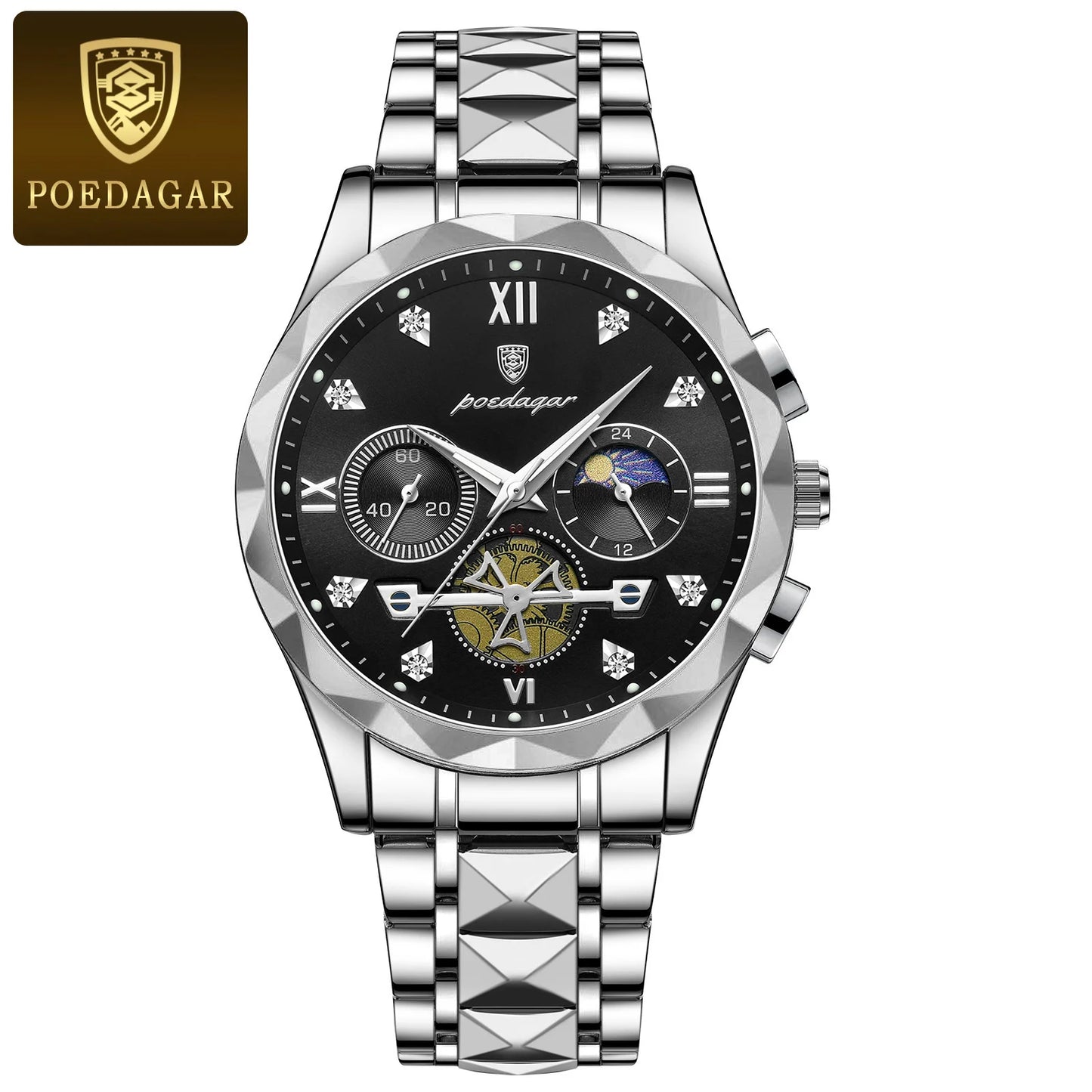 Round Chronograph Watch – Roman Numeral Dial with Hidden Clasp Bracelet