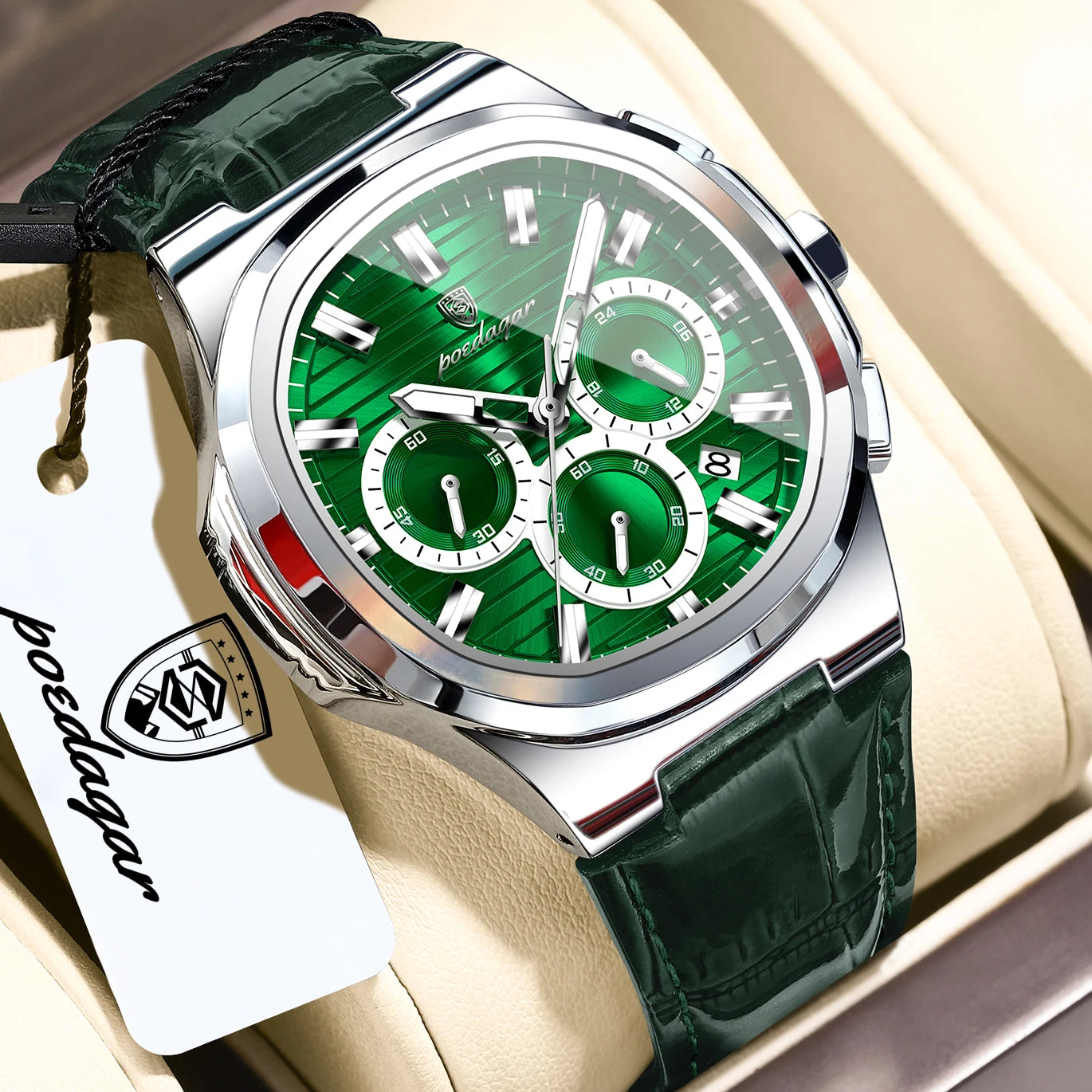 Square Chronograph Watch – Luxe Leather Strap with Luminous Dial & Date