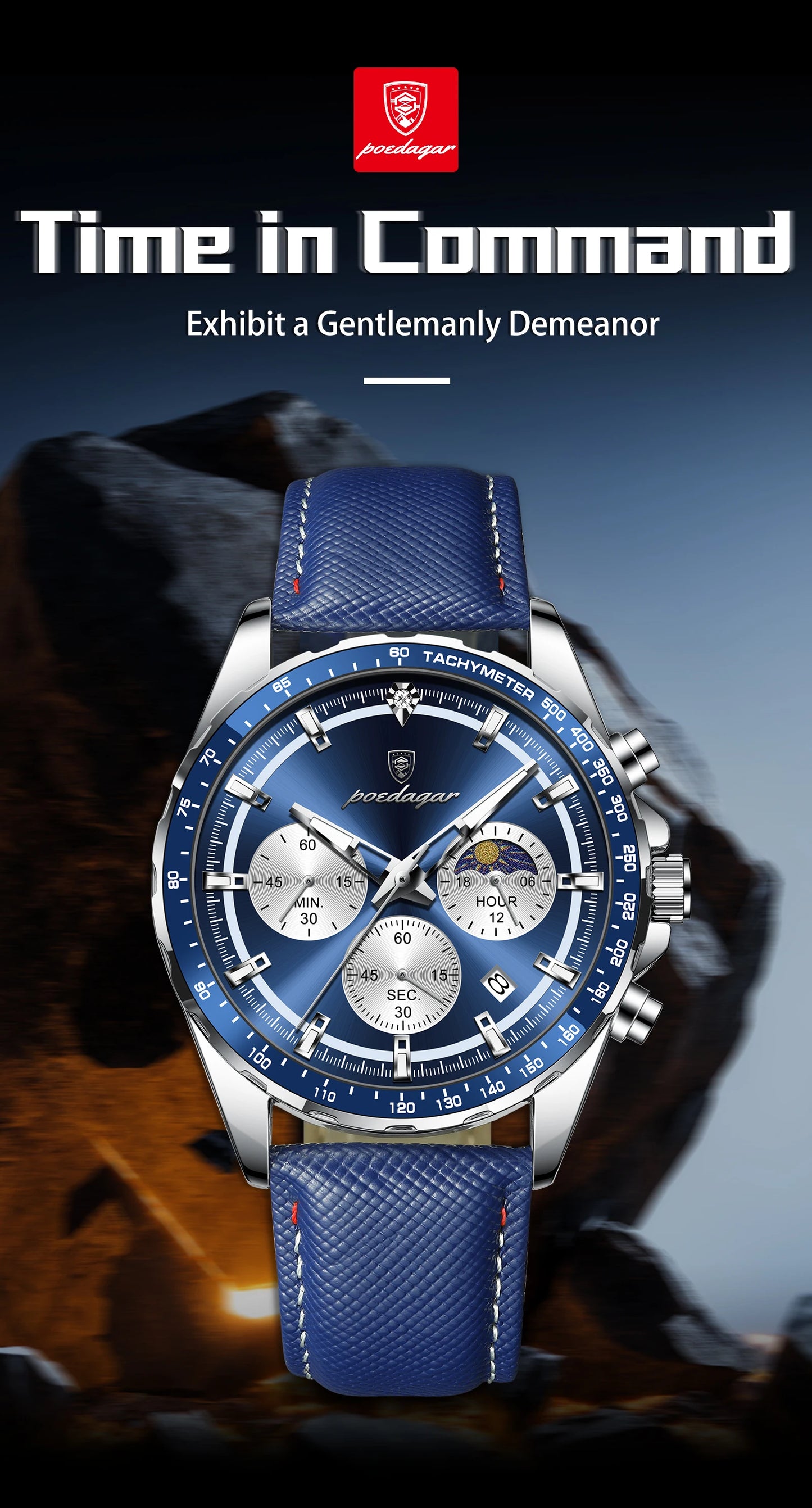 Leather Chronograph Watch – Luminous Dial with Date