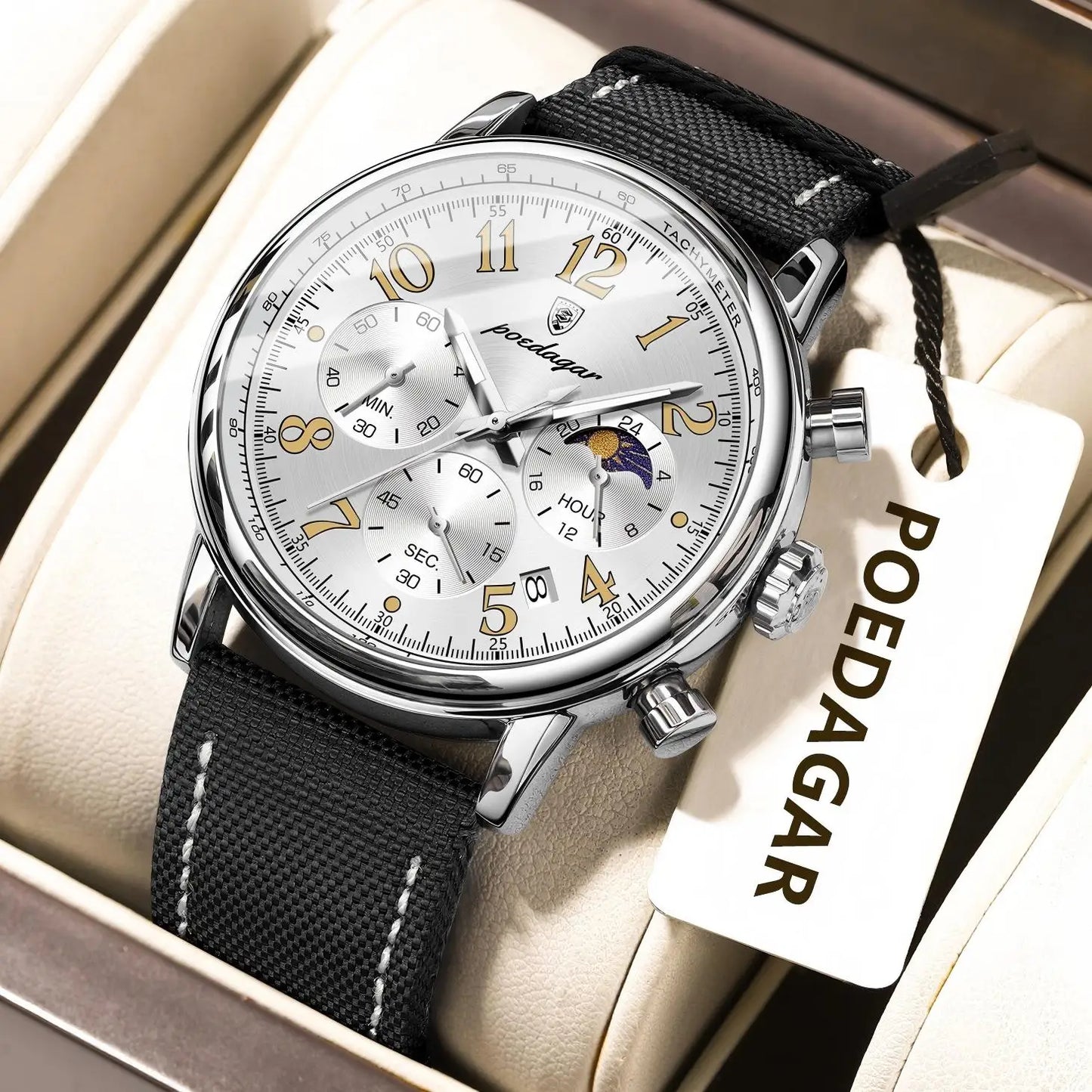 Classic Chronograph Watch – Luminous Arabic Dial with Nylon Strap