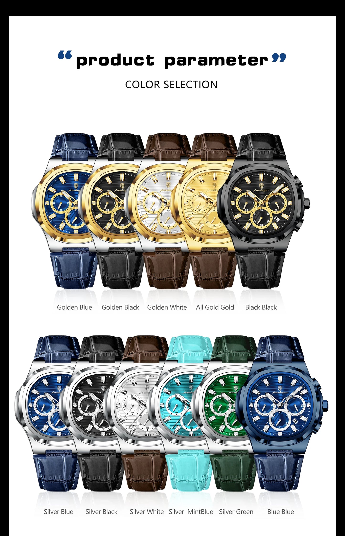 Square Chronograph Watch – Luxe Leather Strap with Luminous Dial & Date