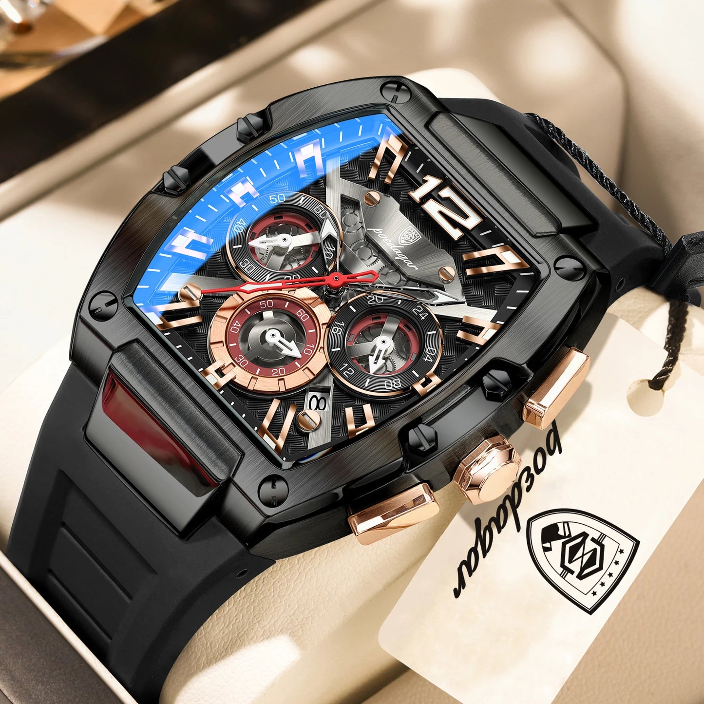 Bold Tonneau Timepiece – Luminous Chronograph with Premium Silicone Strap