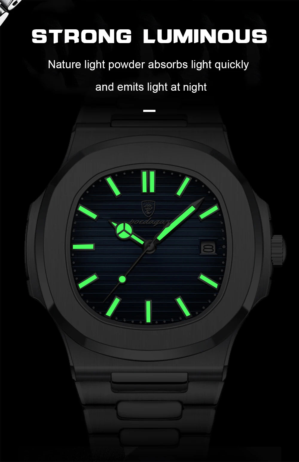 Square Business Watch – Luminous Numberless Dial with Hidden Clasp