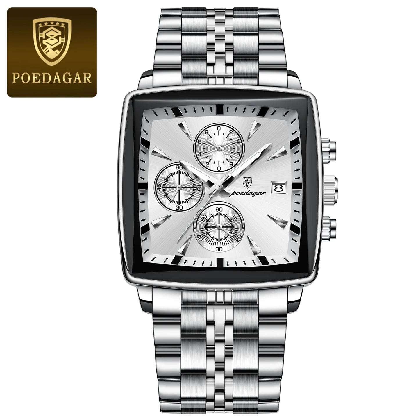 Square Chronograph Watch – Bold Numberless Dial with Hidden Clasp Bracelet