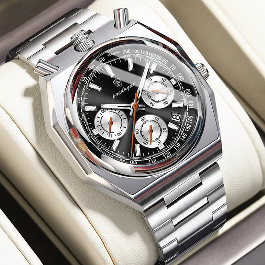 Irregular Chronograph Watch – Bold Numberless Dial with Hidden Clasp Bracelet