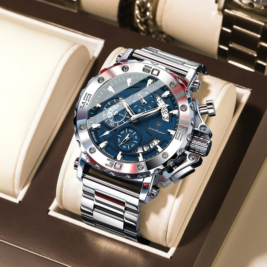 Large Chronograph Watch – Luminous Numberless Dial with Hidden Clasp