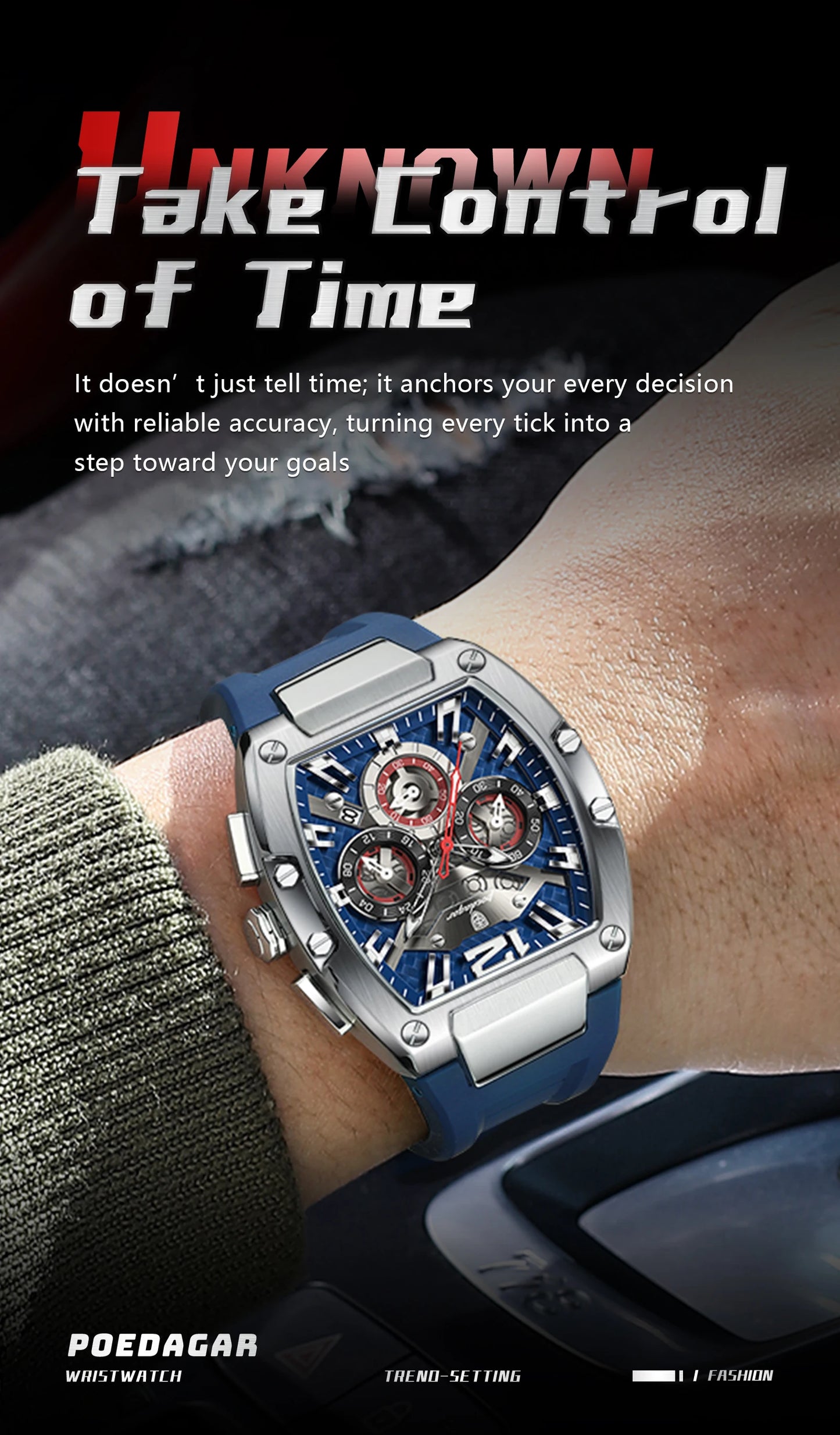 Bold Tonneau Timepiece – Luminous Chronograph with Premium Silicone Strap