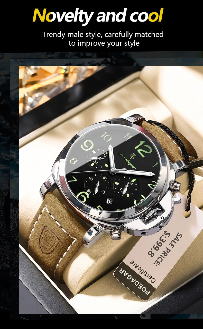 Military Style Chronograph Watch – Luminous Leather Strap with Date