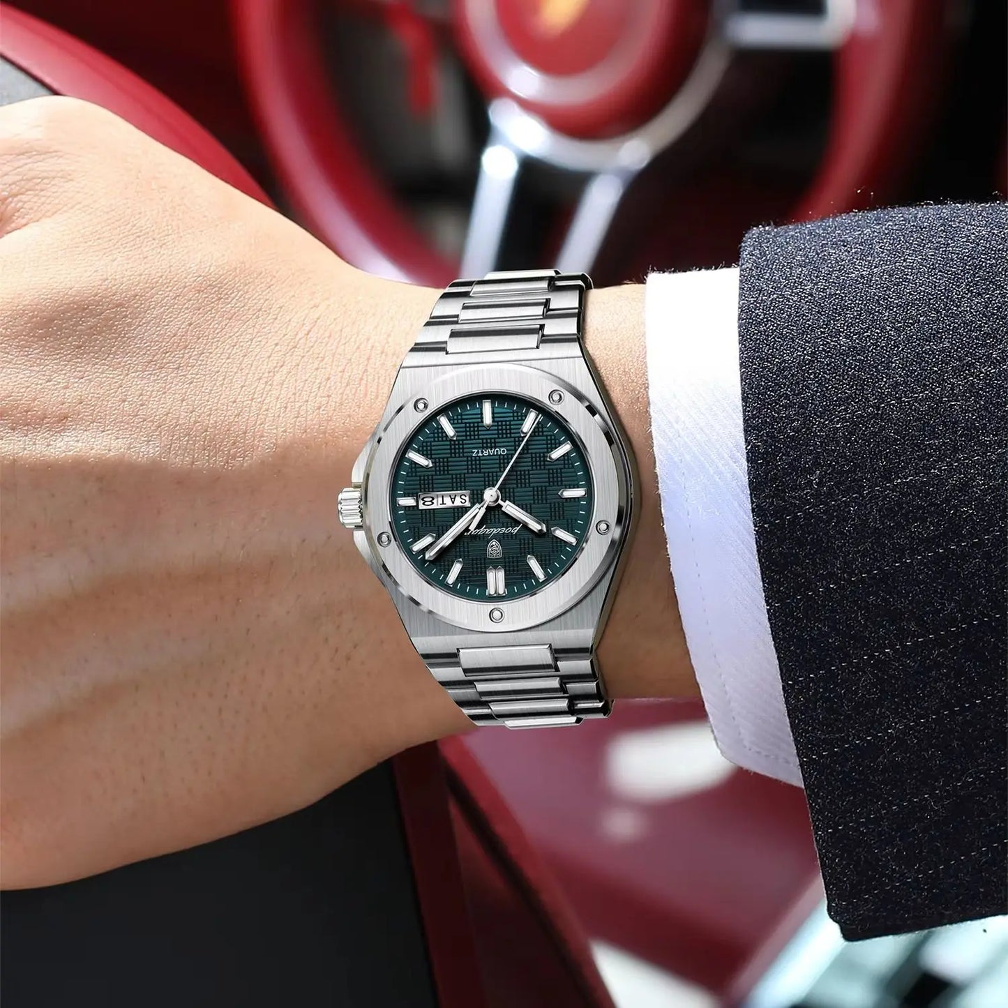Full Calendar Business Watch – Luminous Stainless Steel with Hidden Clasp Bracelet