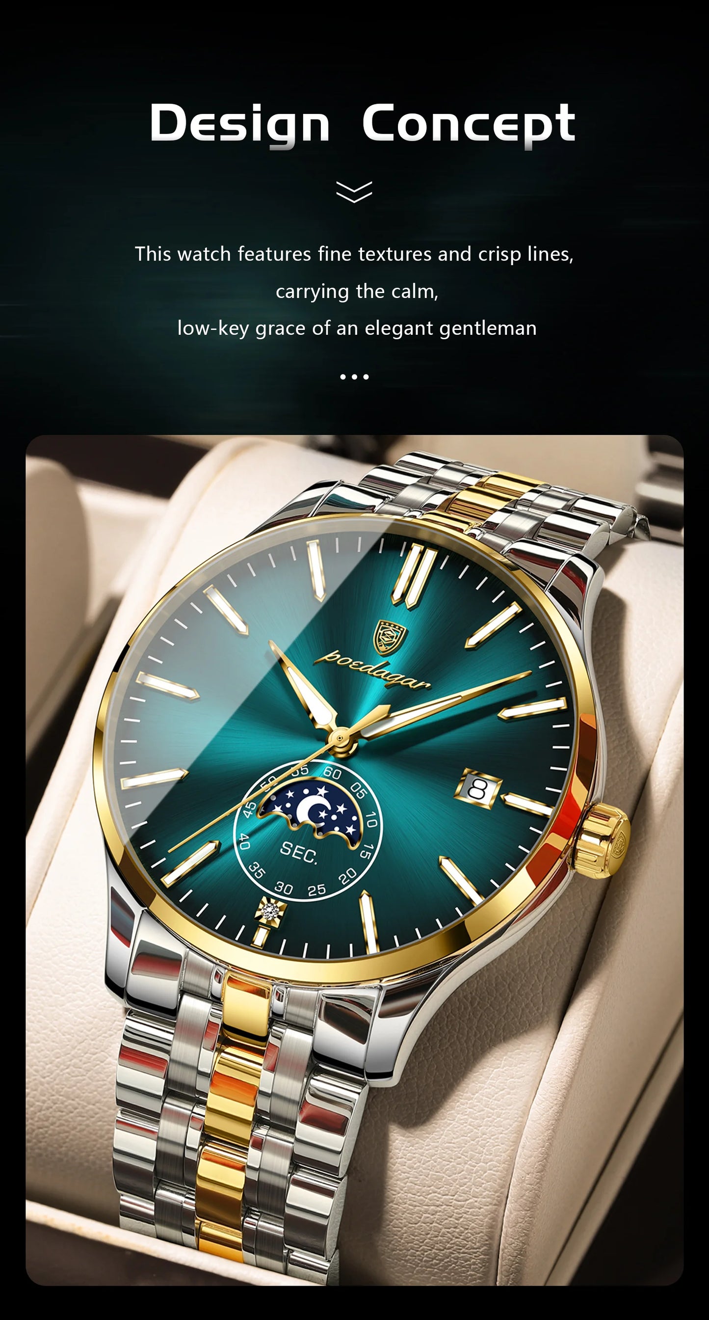 Round Business Chronograph – Slim Stainless Steel Watch with Luminous Hands & Date