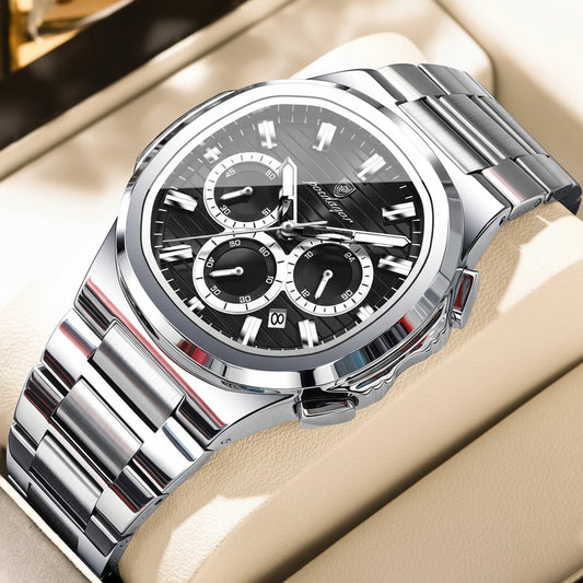 Square Chronograph Watch – Large Numberless Dial with Hidden Clasp Bracelet