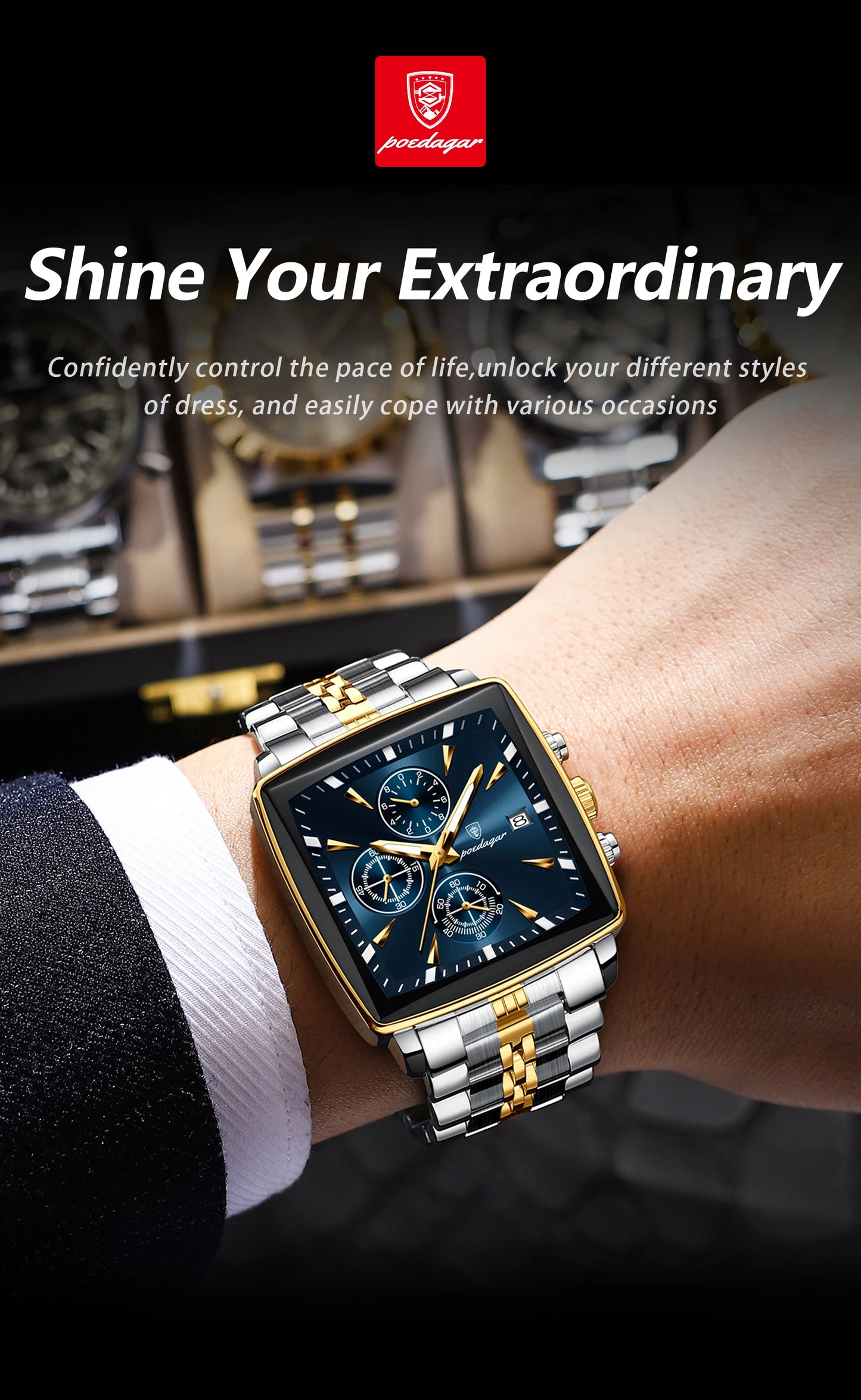 Square Chronograph Watch – Bold Numberless Dial with Hidden Clasp Bracelet
