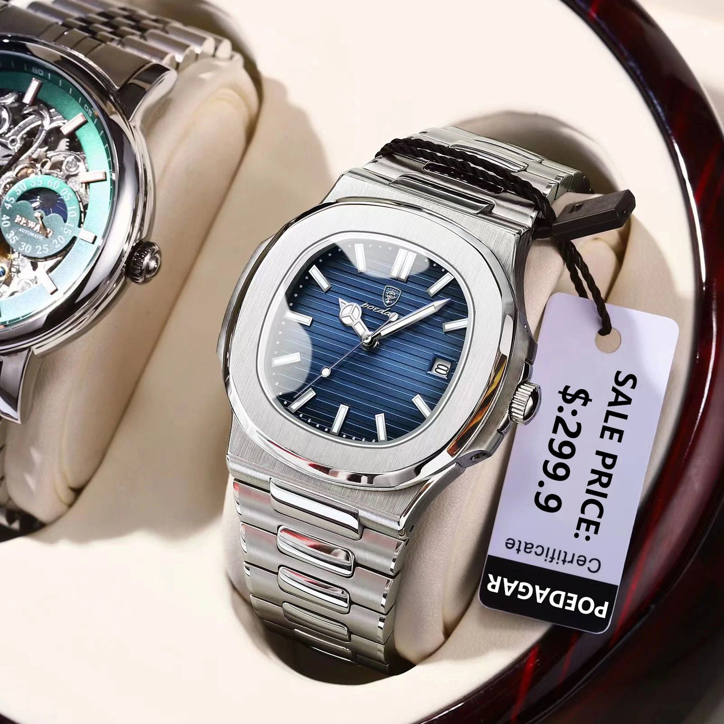 Square Business Watch – Luminous Numberless Dial with Hidden Clasp