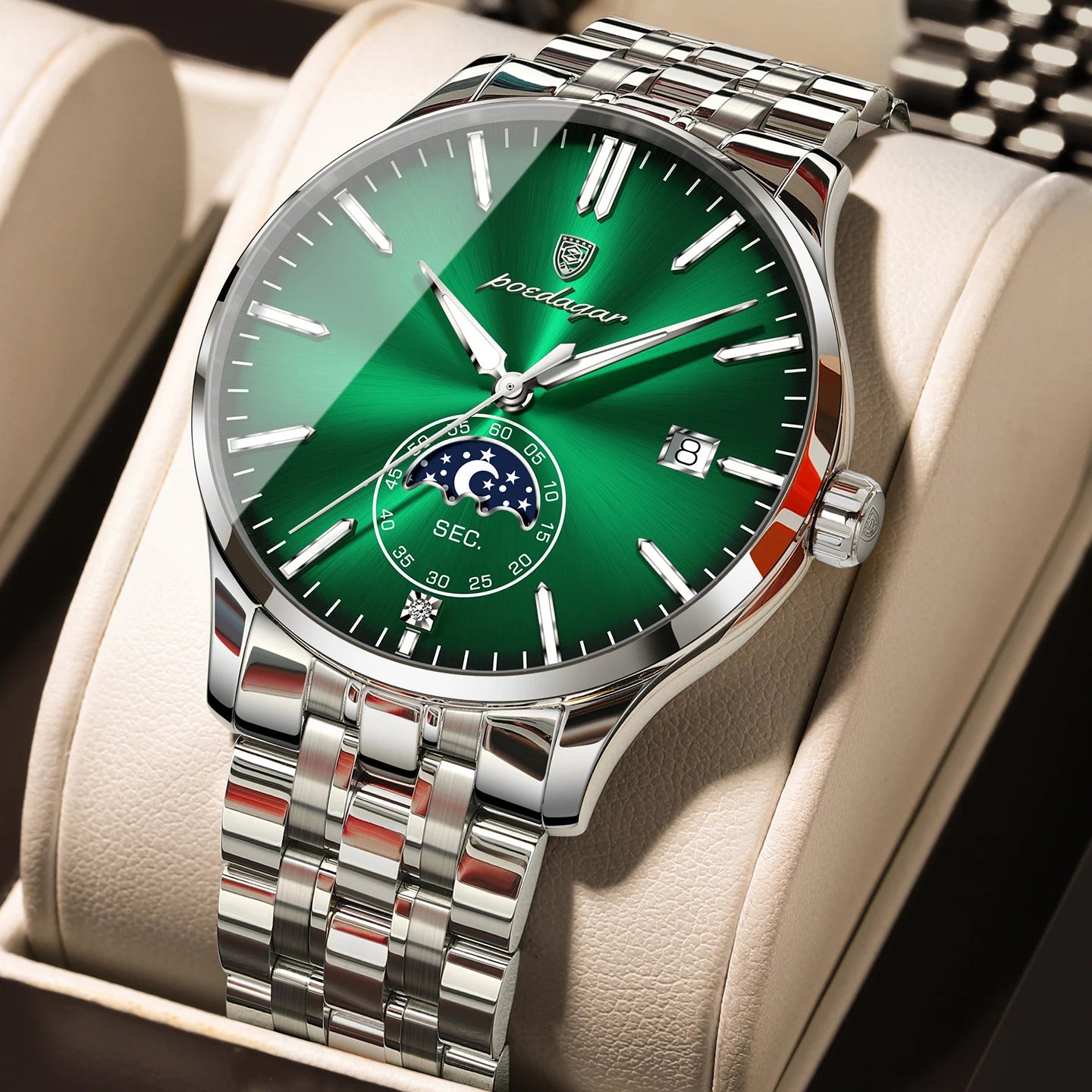 Round Business Chronograph – Slim Stainless Steel Watch with Luminous Hands & Date