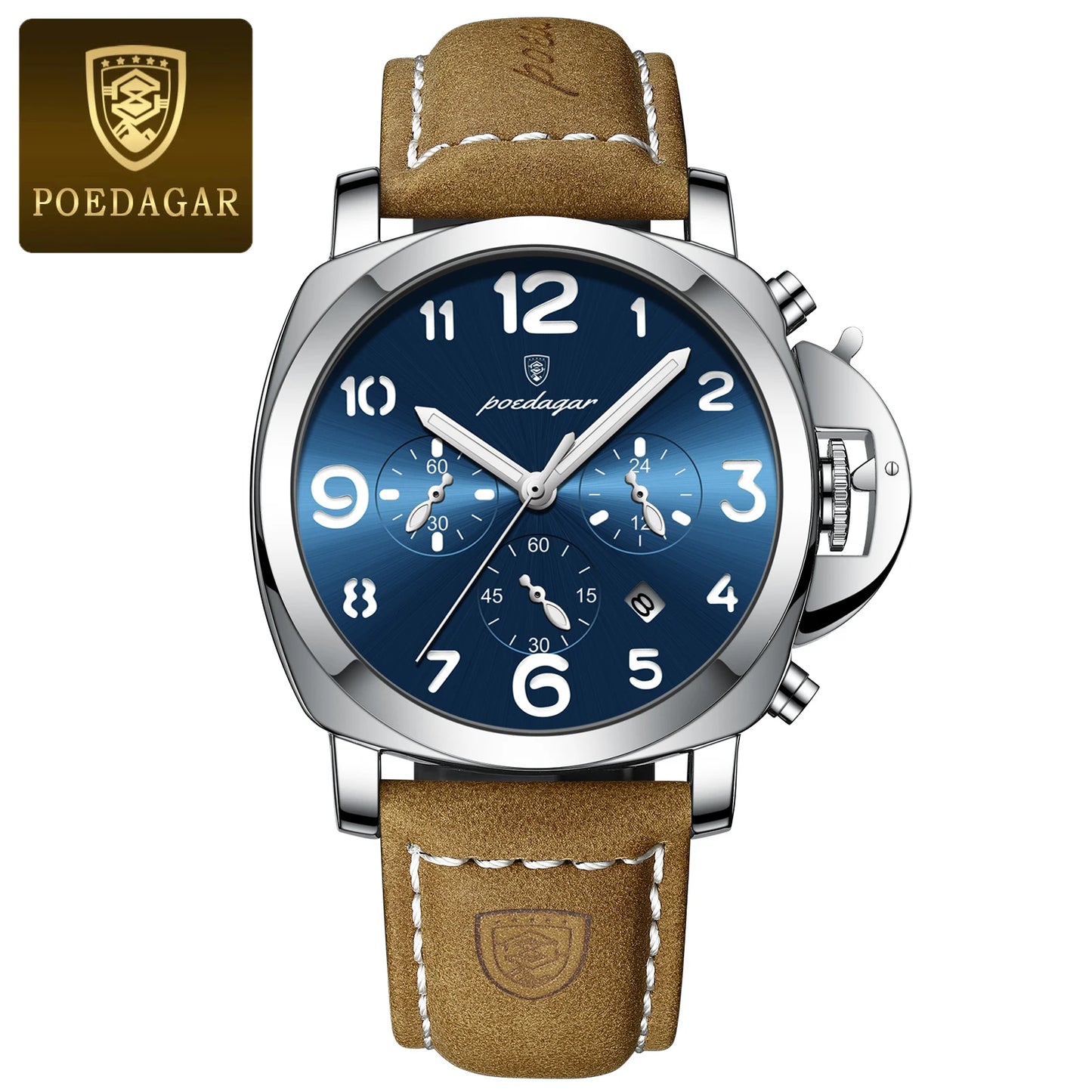 Military Style Chronograph Watch – Luminous Leather Strap with Date