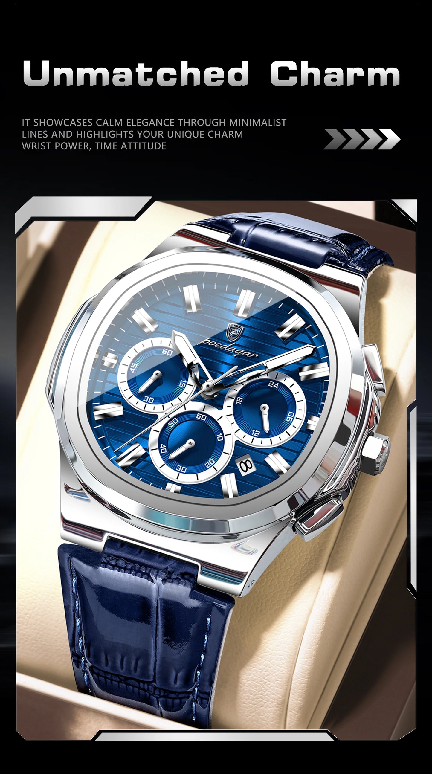 Square Chronograph Watch – Luxe Leather Strap with Luminous Dial & Date