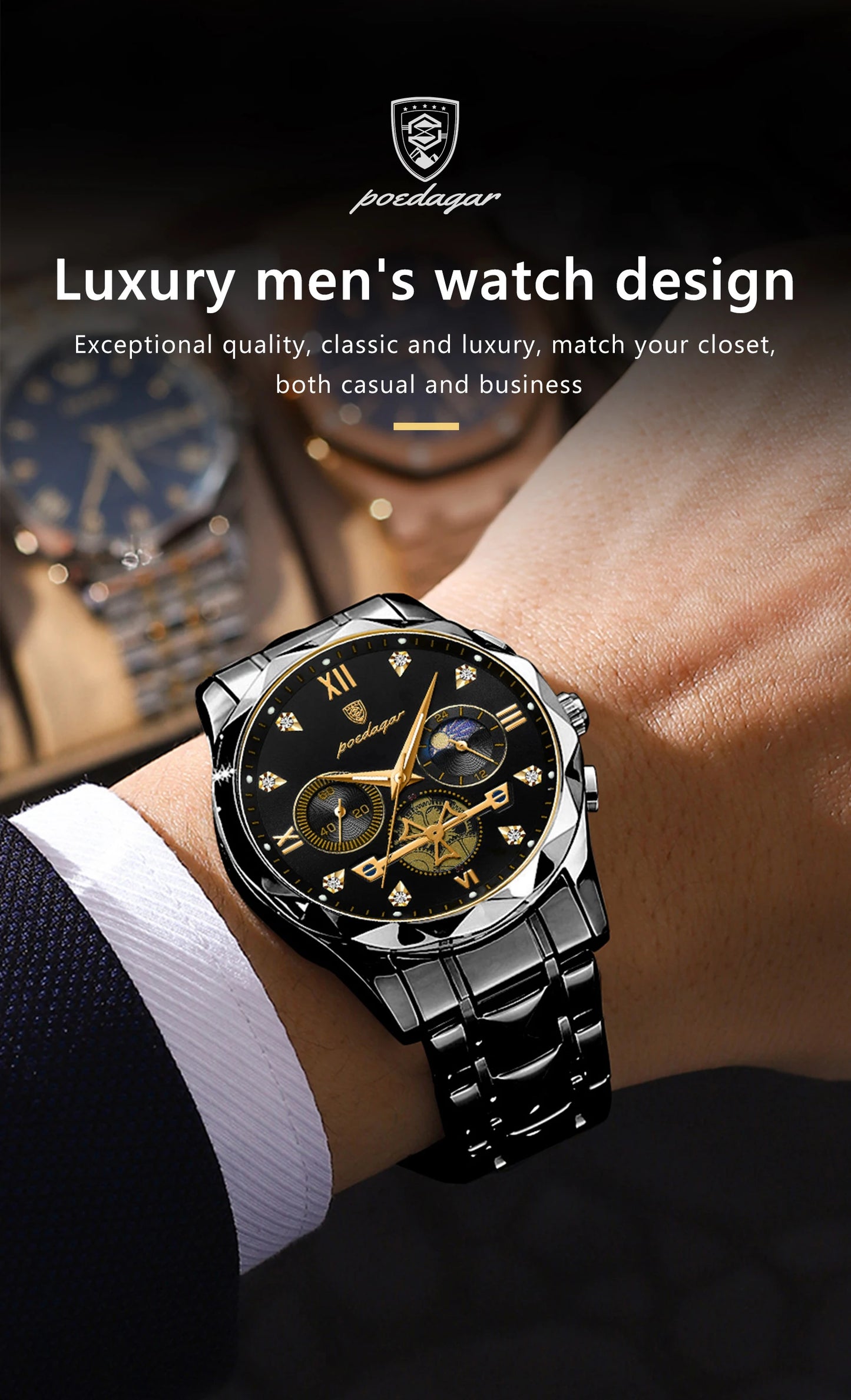 Round Chronograph Watch – Roman Numeral Dial with Hidden Clasp Bracelet