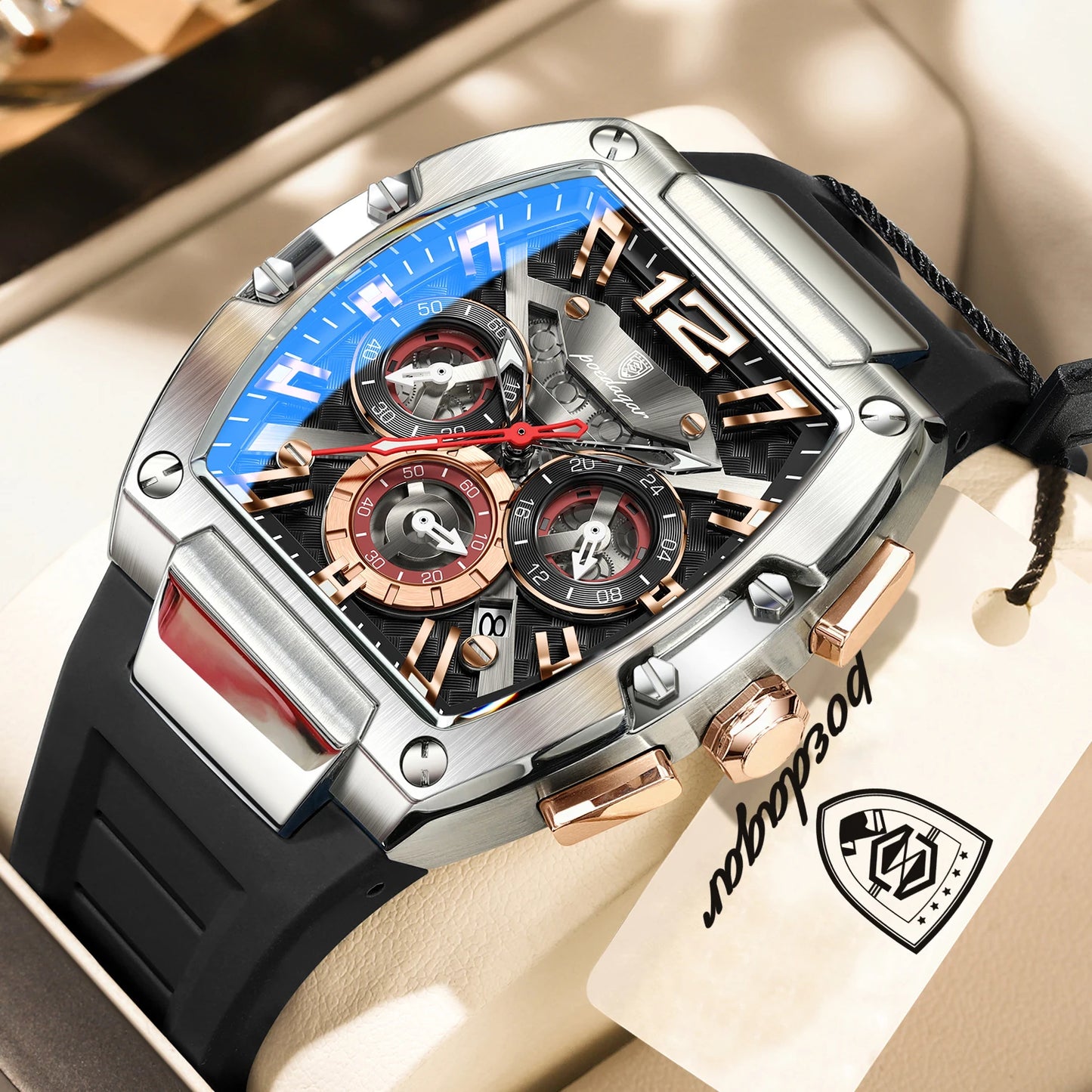 Bold Tonneau Timepiece – Luminous Chronograph with Premium Silicone Strap
