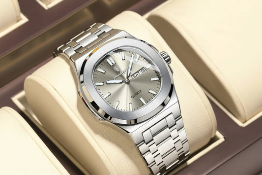 Square Full Calendar Watch – Date & Week Display with Hidden Clasp Bracelet