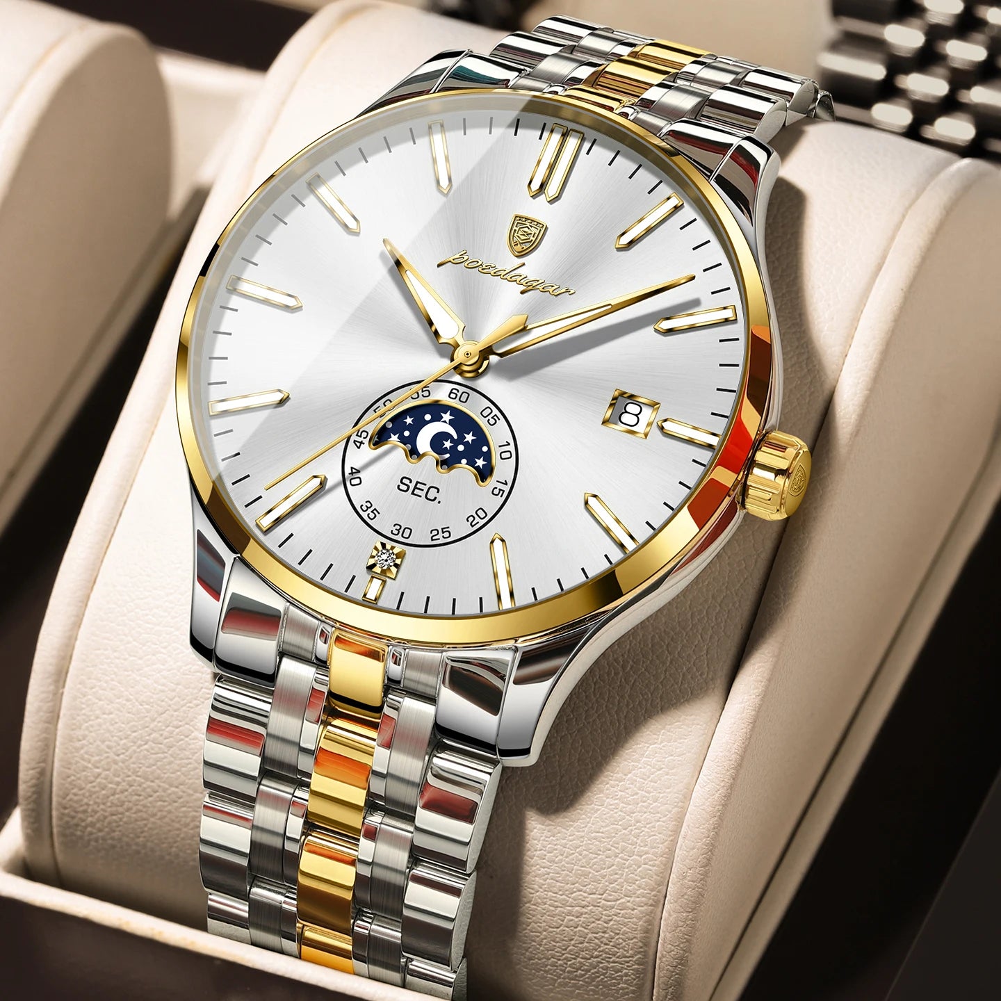 Round Business Chronograph – Slim Stainless Steel Watch with Luminous Hands & Date