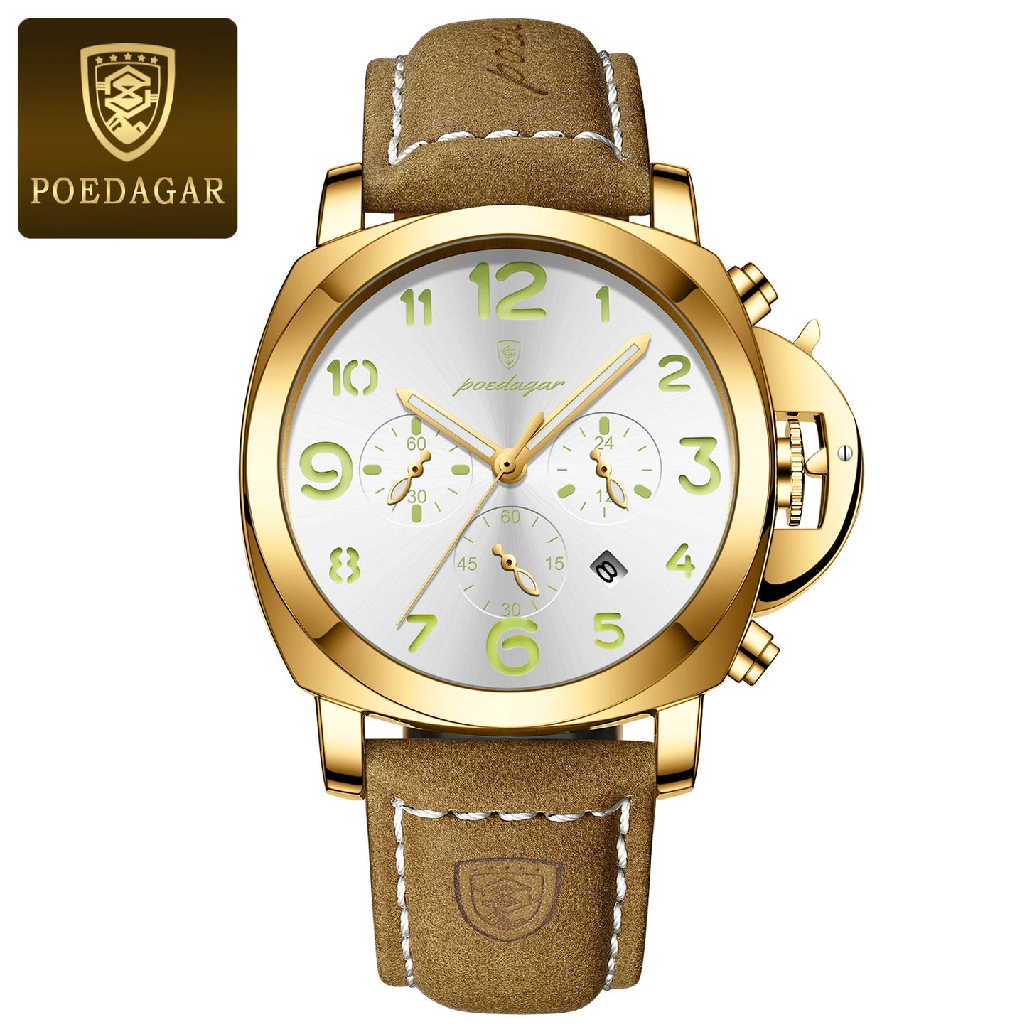 Chronograph Leather Watch – Bold Arabic Dial with Date & Luminous Hands