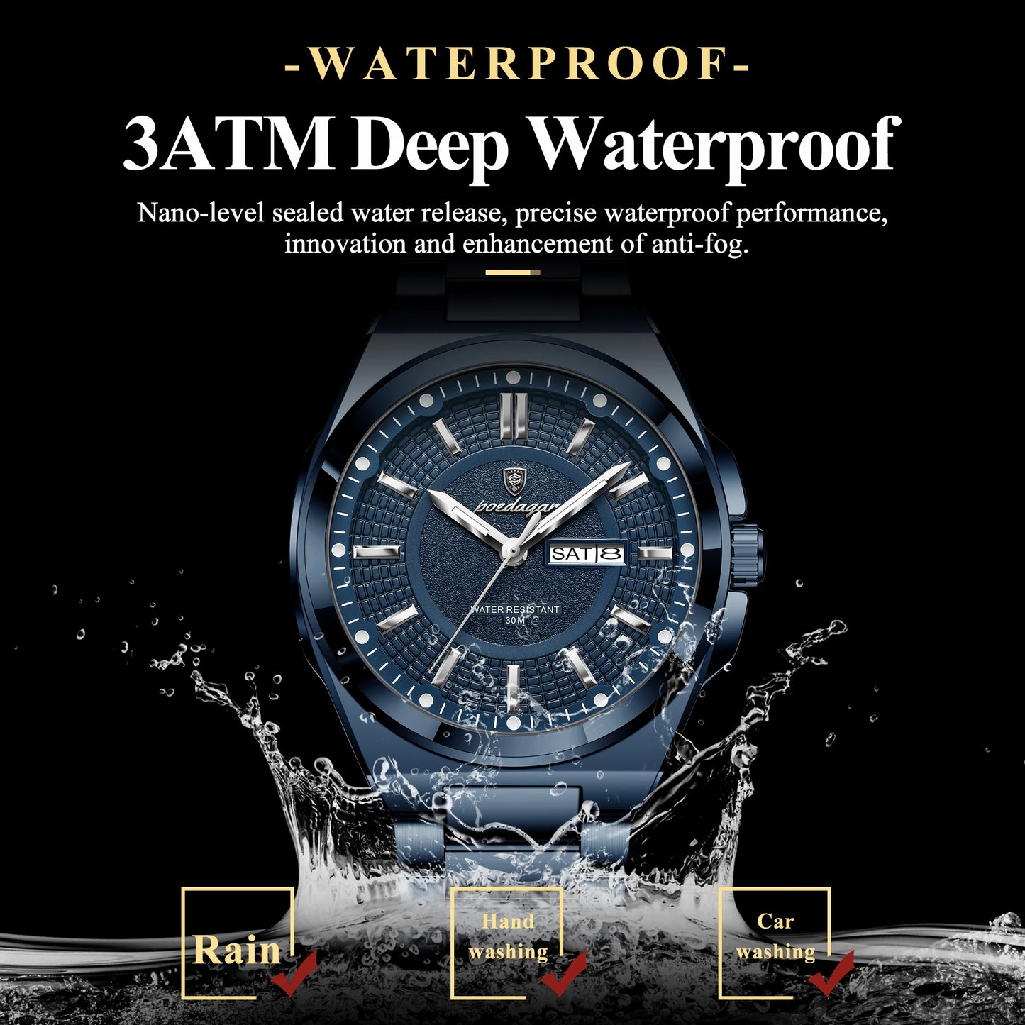 Full Calendar Sport Watch – Luminous Dial with Hidden Clasp Bracelet
