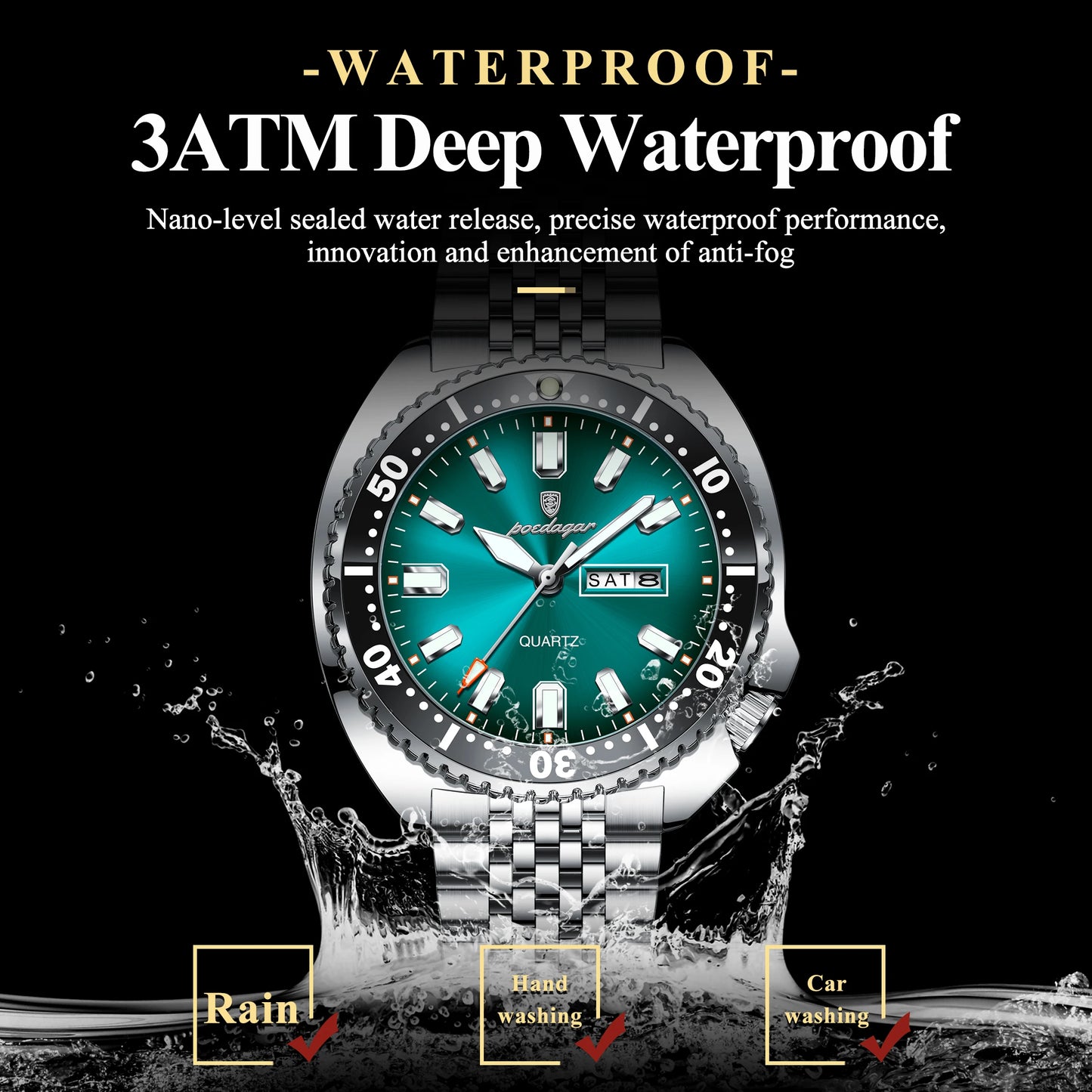 Large Full Calendar Watch – Luminous Dial with Hidden Clasp Bracelet