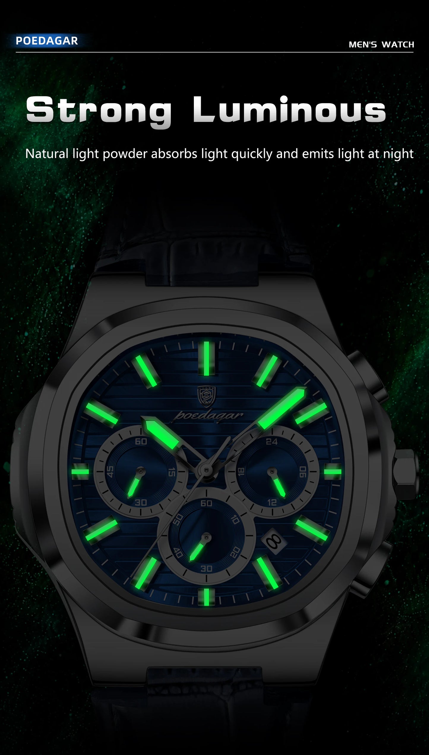 Square Chronograph Watch – Luxe Leather Strap with Luminous Dial & Date