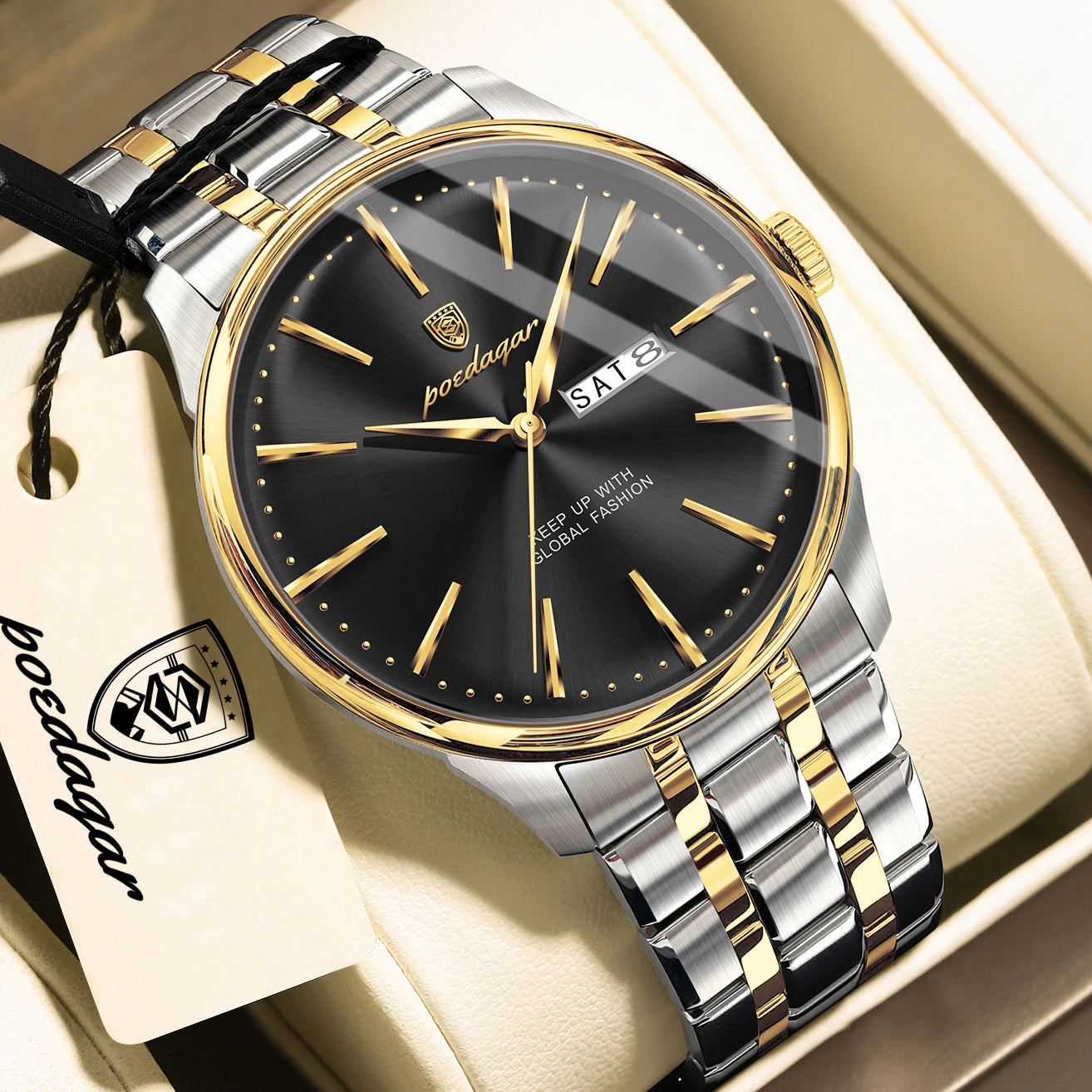Full Calendar Stainless Steel Watch – Date & Week Display with Hidden Clasp