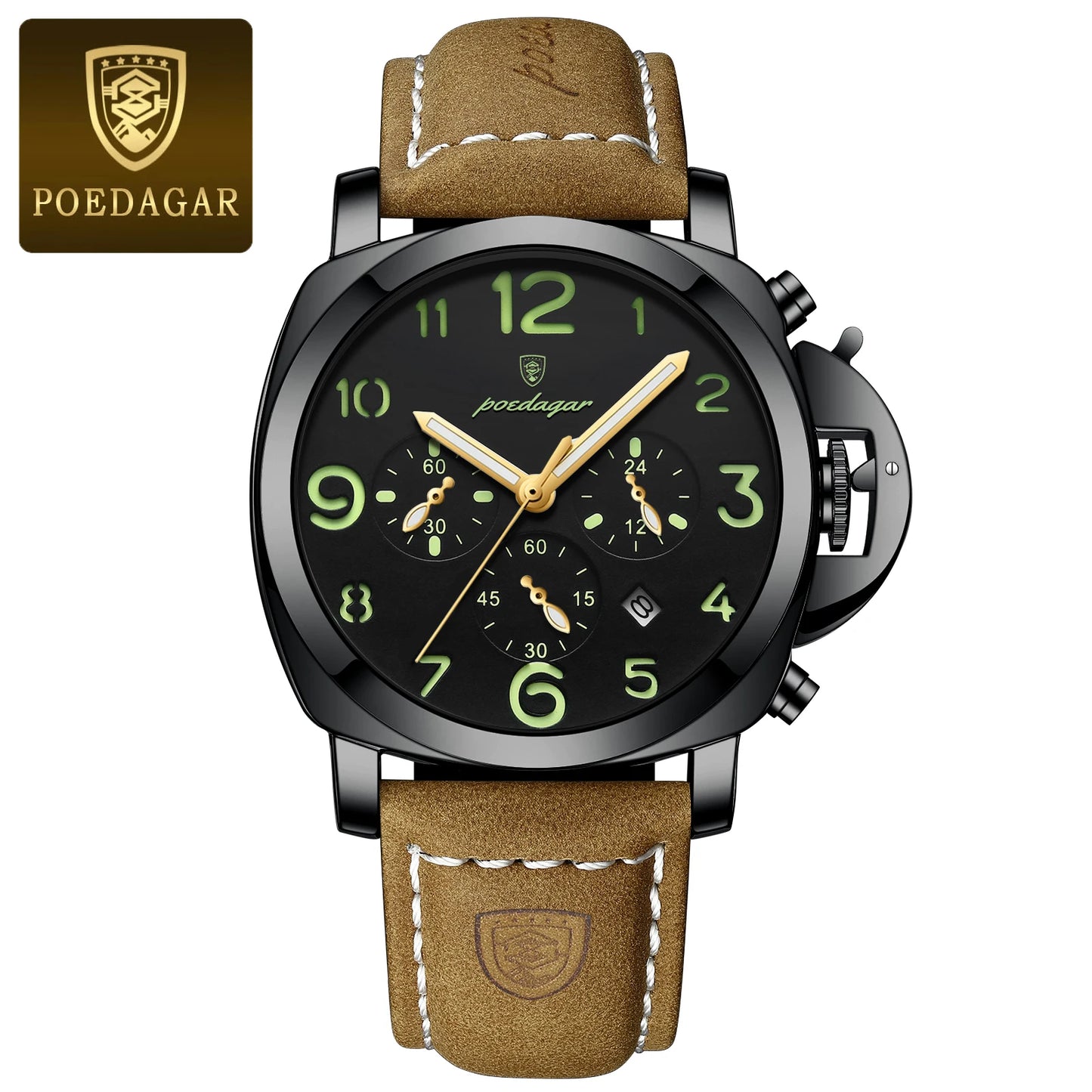 Military Style Chronograph Watch – Luminous Leather Strap with Date