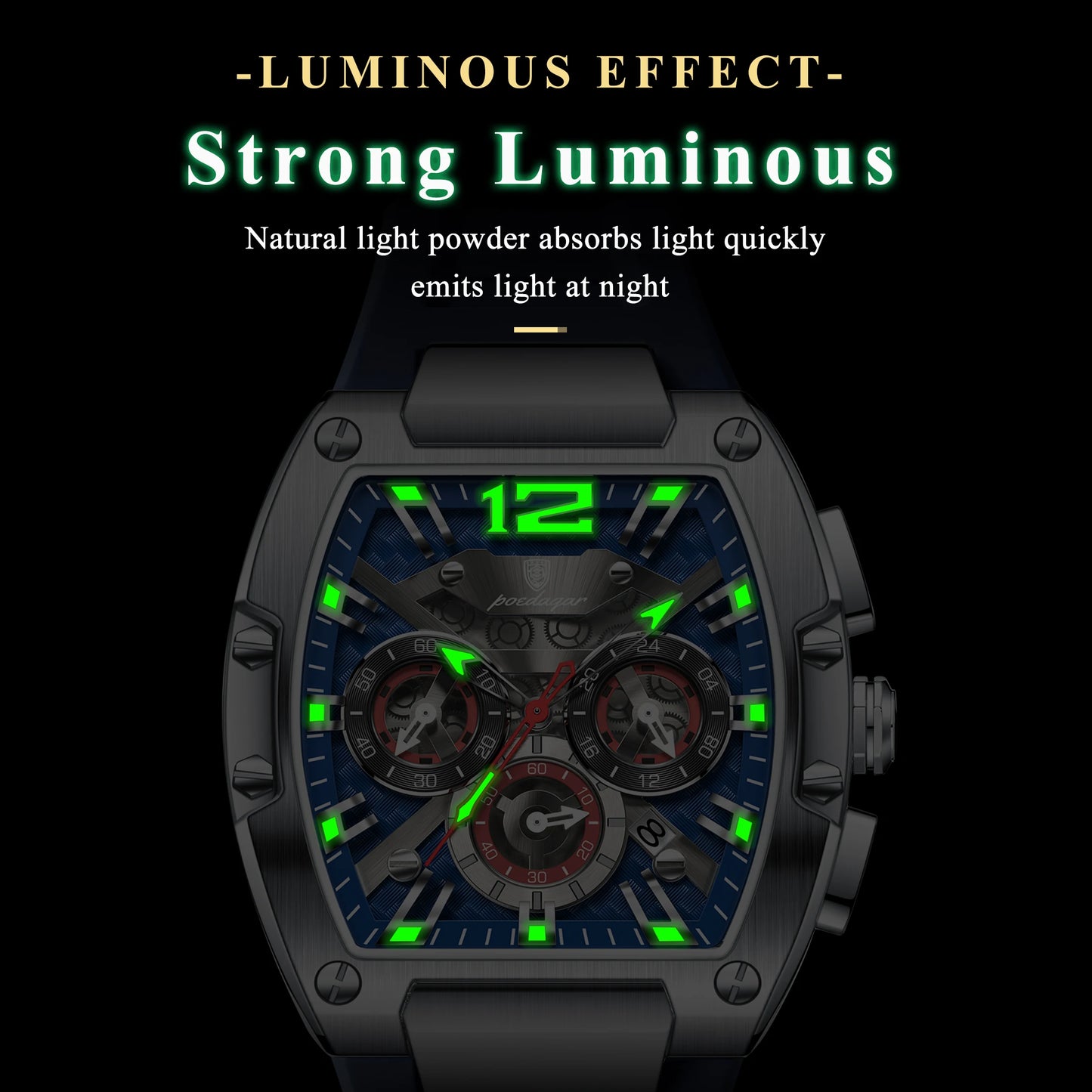 Tonneau Chronograph Watch – Luminous Arabic Dial with Silicone Strap