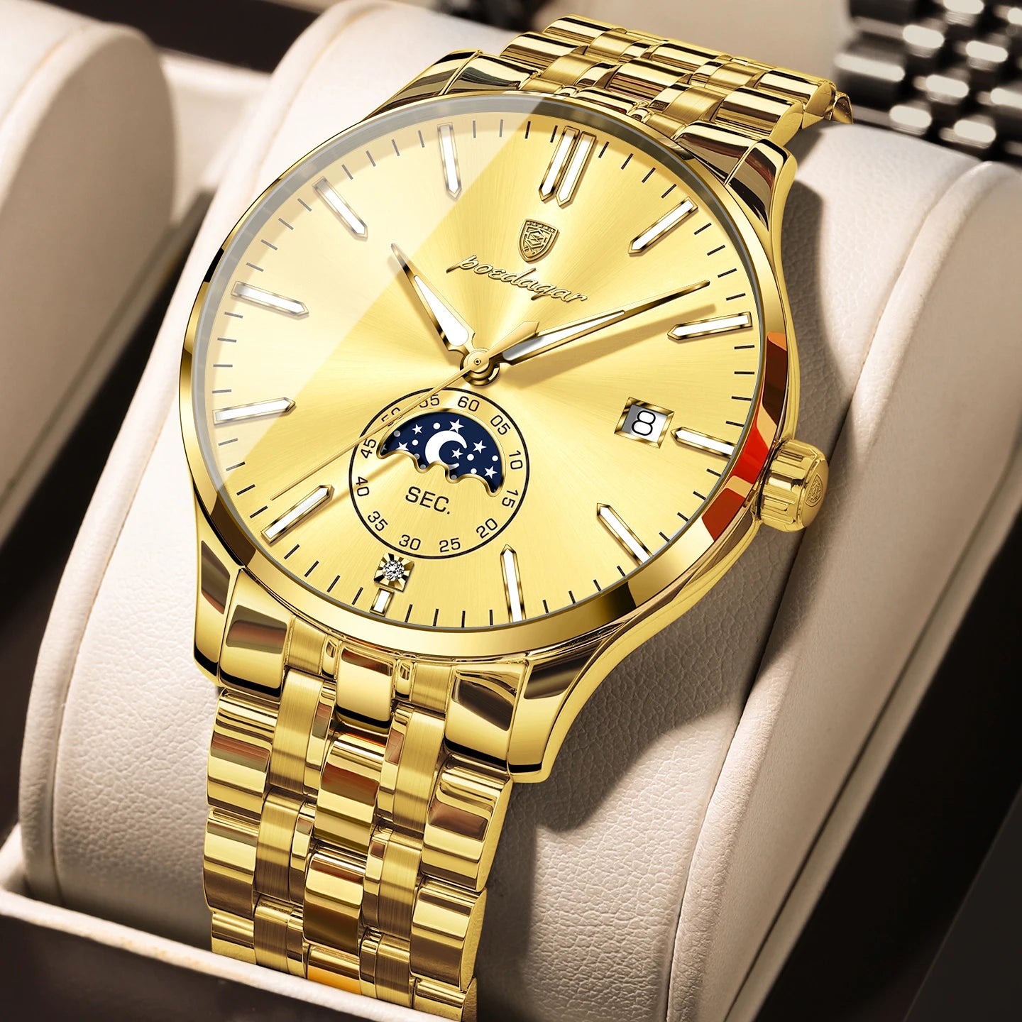 Round Business Chronograph – Slim Stainless Steel Watch with Luminous Hands & Date