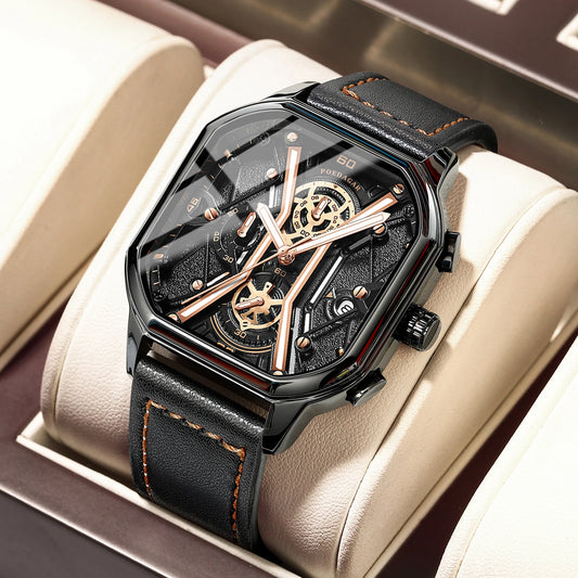 Square Chronograph Watch – Full Calendar with Leather Strap & Luminous Dial